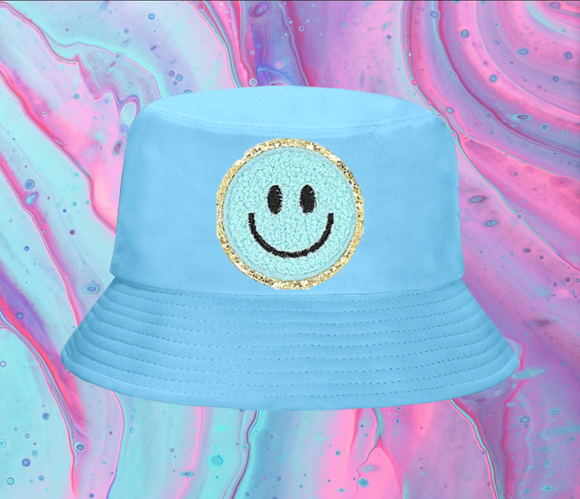 Blue Smiley Face Aqua Cotton Bucket Hat