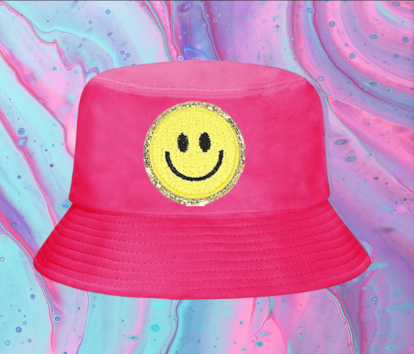 Yellow Smiley Face Hot Pink Cotton Bucket Hat